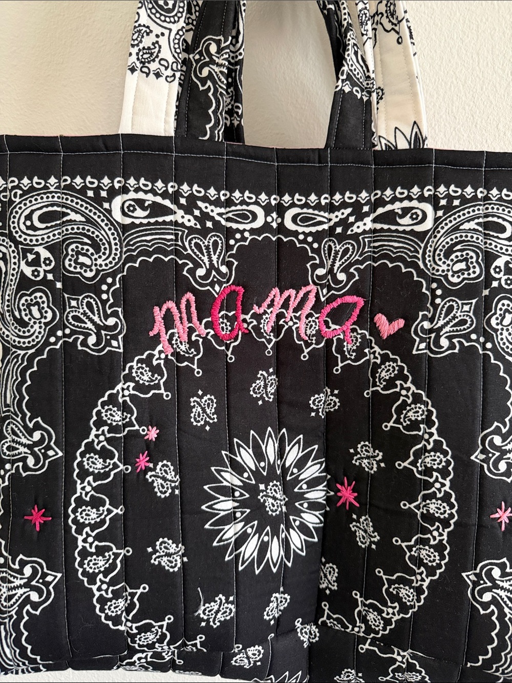 Black & White Quilted Bandana Tote with Pink Embroidery - Picture 2 of 8